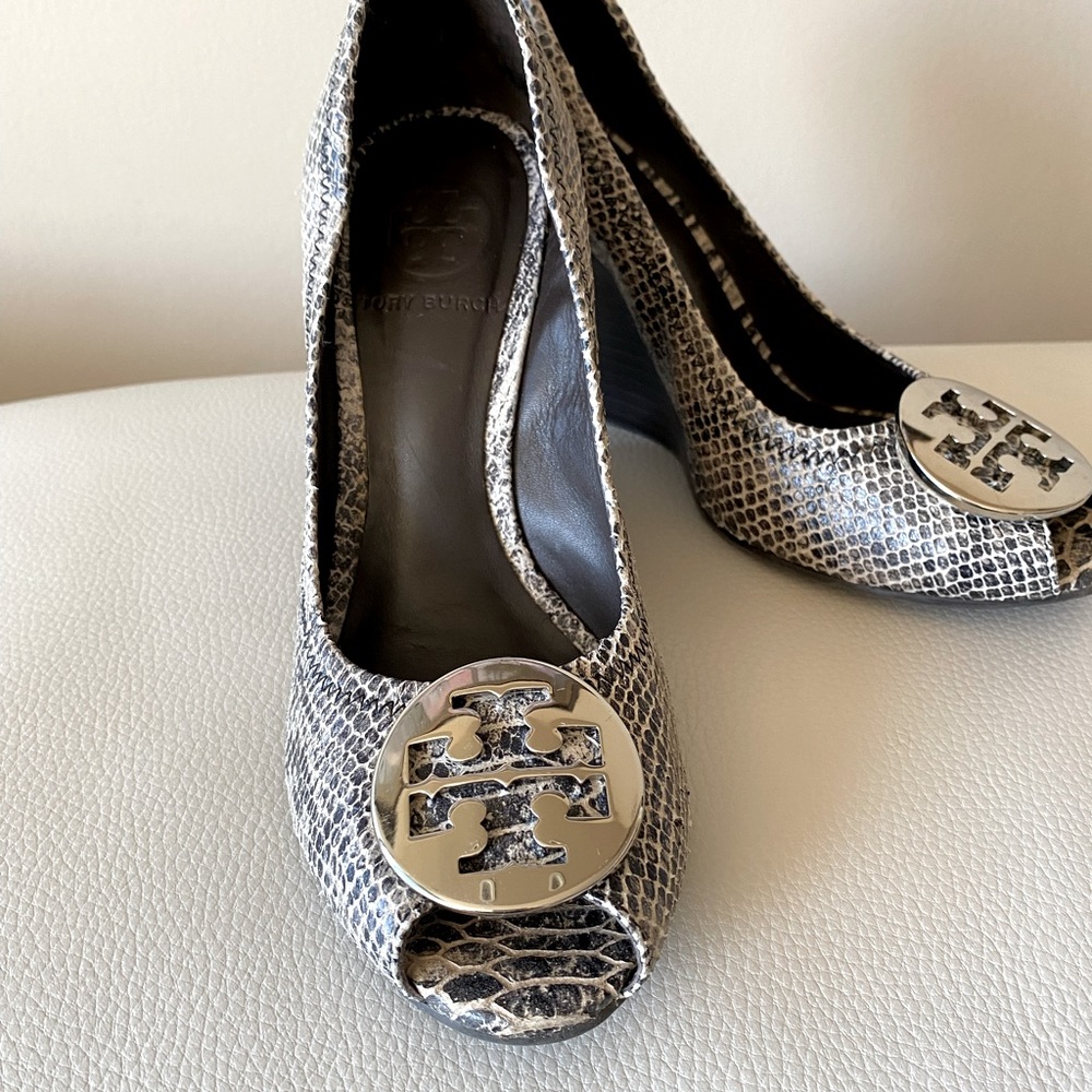 Tory Burch Snakeskin Leather Peep Toe Wedge Heels 6.5